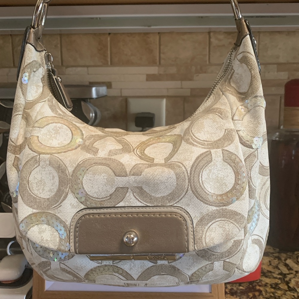 Coach Beige and Cream Double C Patterned Shoulder Bag - Picture 13 of 13